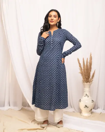 Indigo Blue Handblock Print Anarkali Kurta with Off-White Palazzo