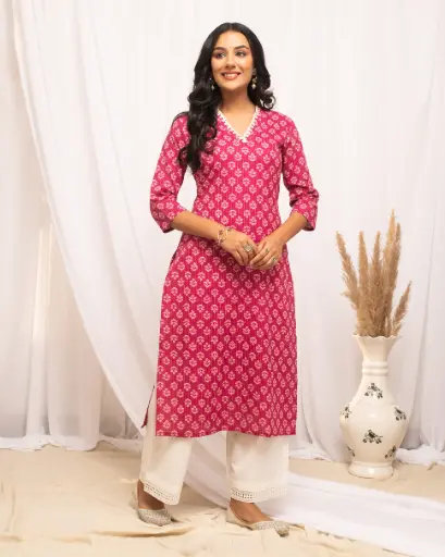 Pink Floral Printed Straight Kurta with Lace Neckline