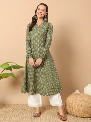 Olive Green Printed Anarkali Kurta with Notch Neckline