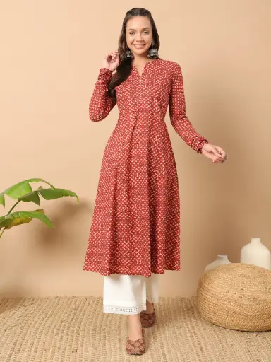Rust Red Printed Anarkali Kurta with Full Sleeves